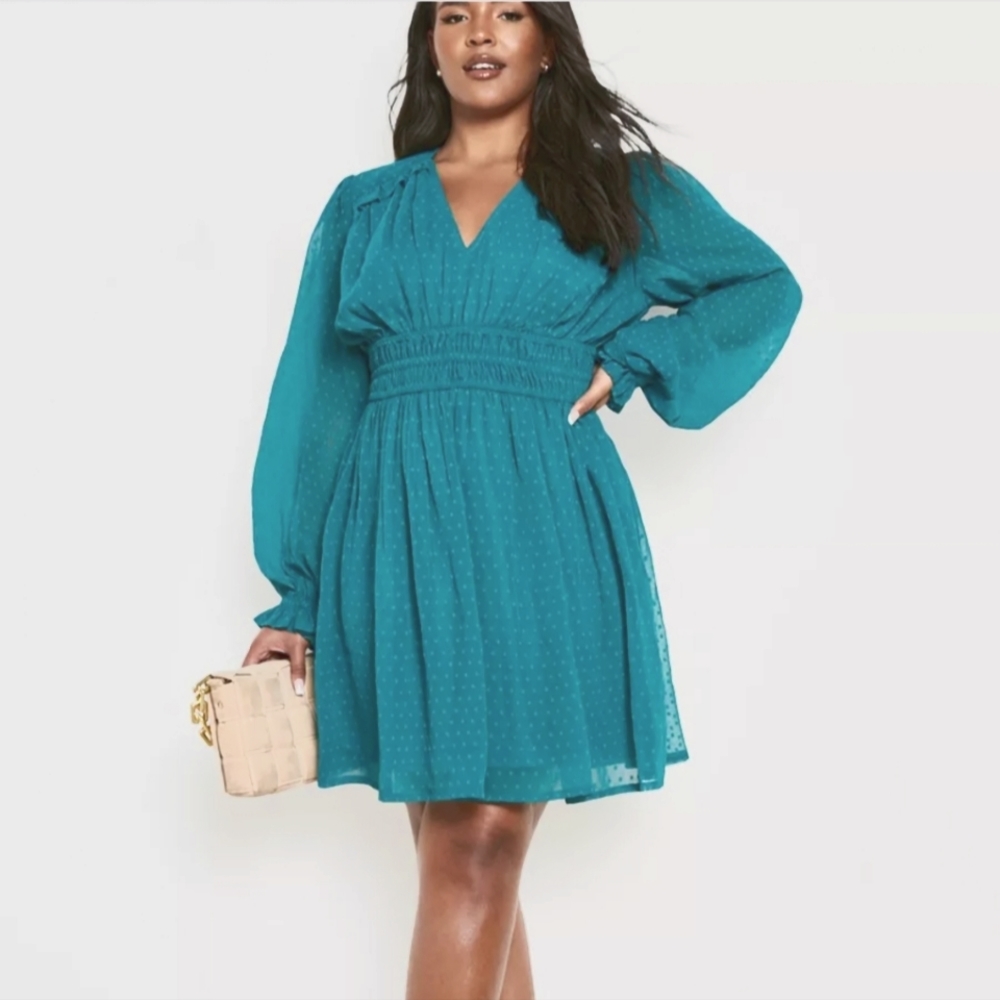 Boohoo plus Dobby Skater Teal blue/green Long Sleeve Dress size 16